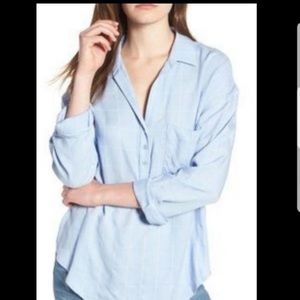 Lush Windowpane Blue Slouch Henley Blouse